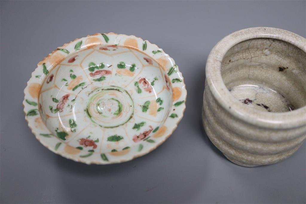 A Chinese straits famille rose stem dish, 4.5cm, and a crackle glaze censer